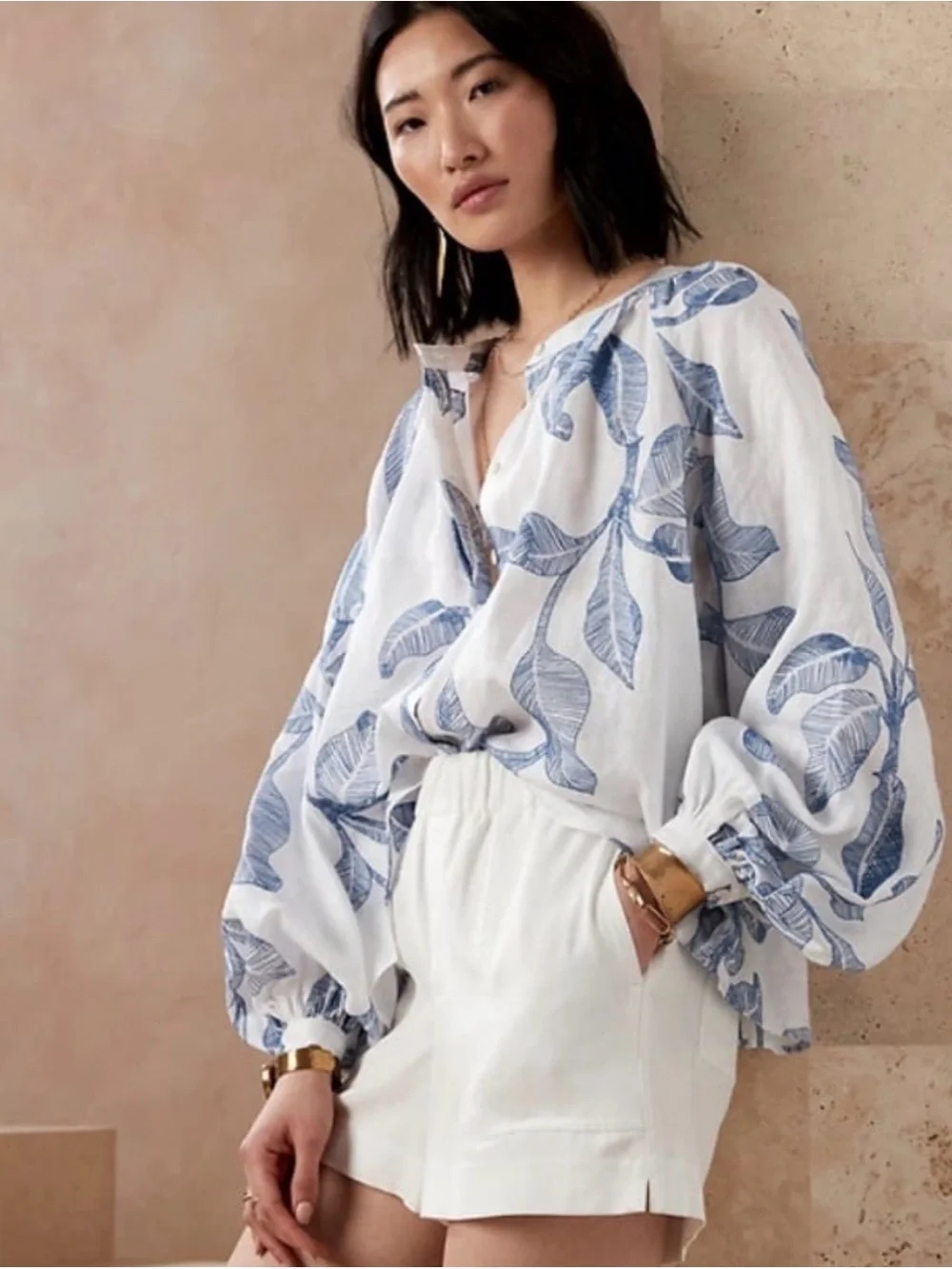 Banana Republic White Blue Leaf Print Linen Boho Peasant Blouse Top Size XL